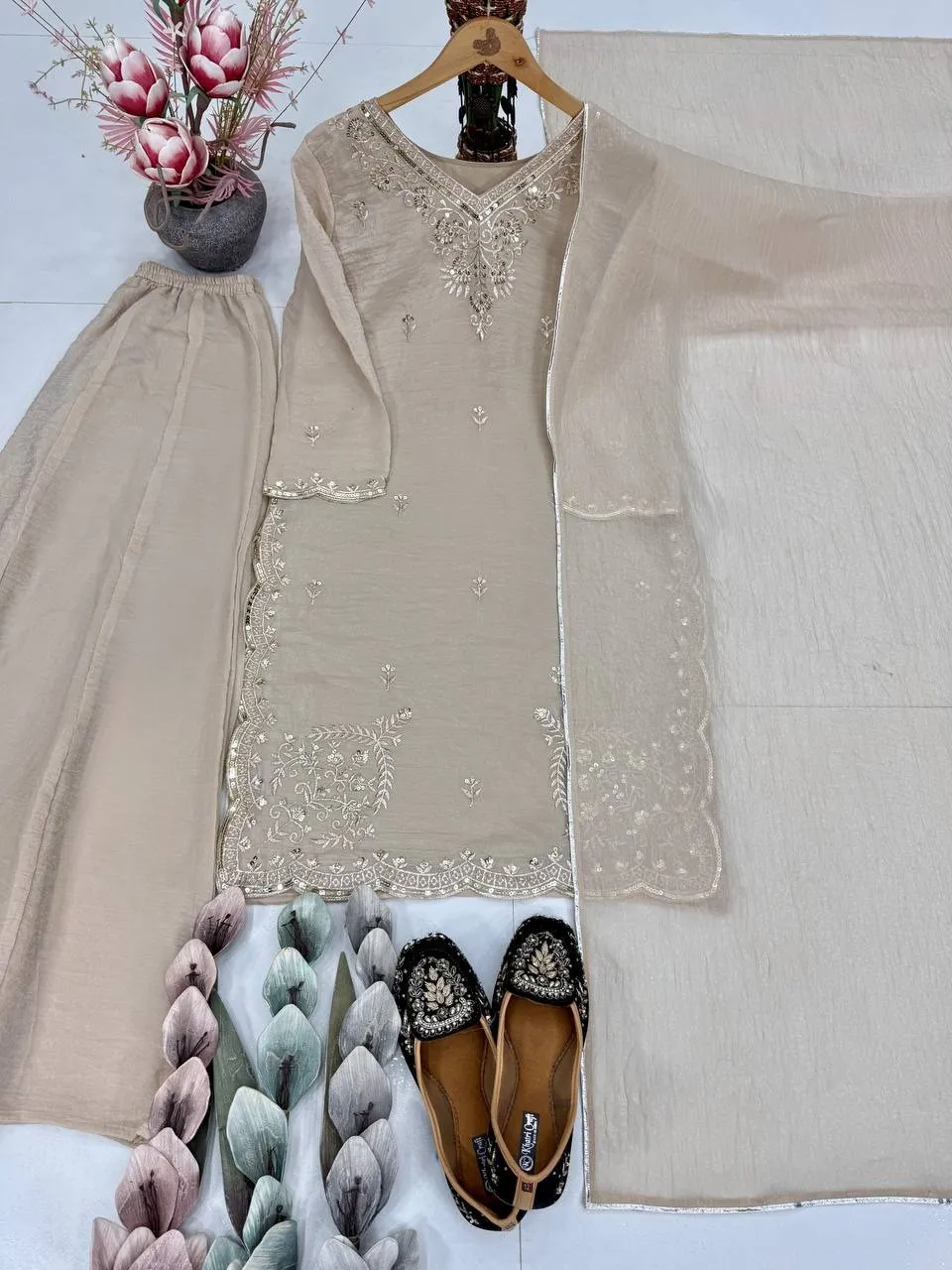 Chiku Color Pakistani Embroidery Plazzo Dress