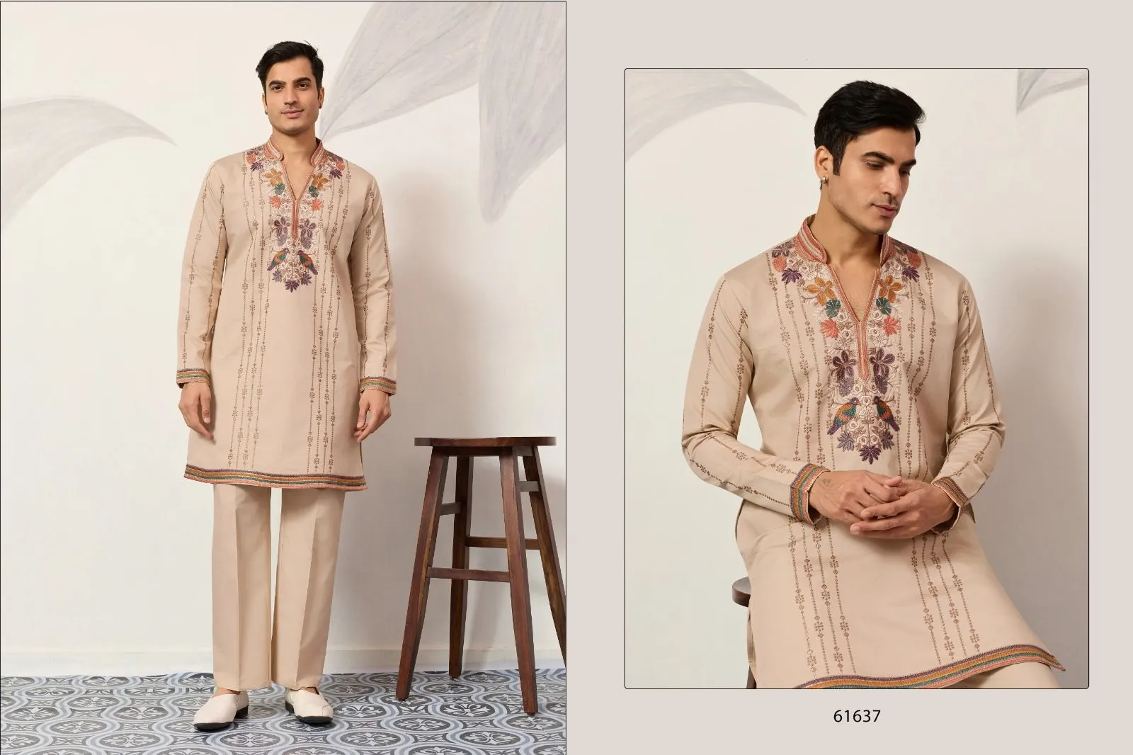 Light Brown Embroidery Mens Kurta Set