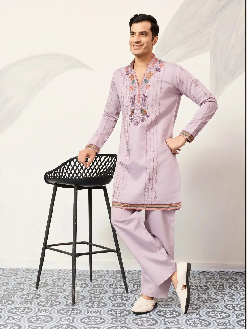 Light Purple Mens Embroidery Kurta Set