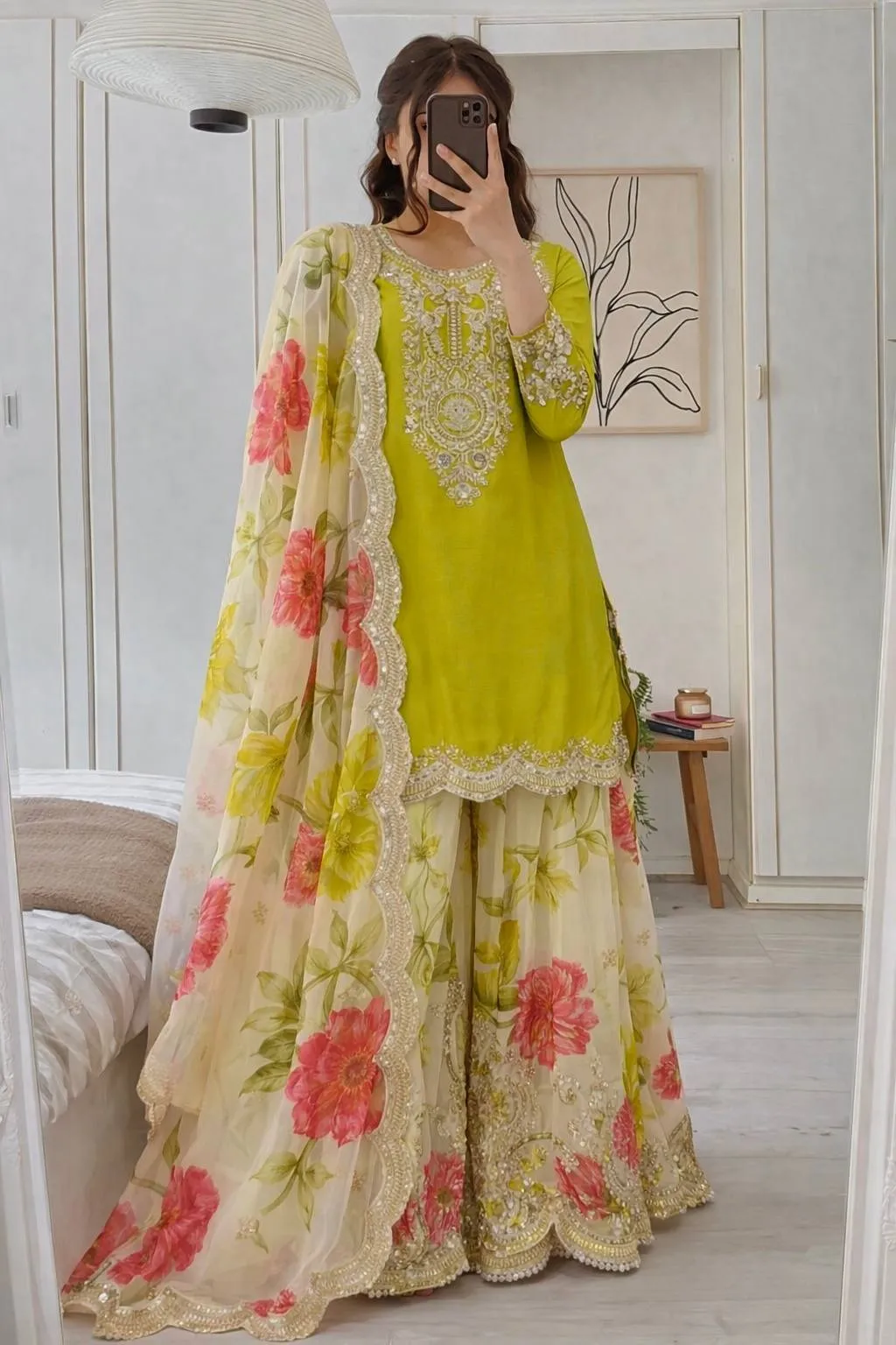 Lime Floral Salwar Plazzo Suit | Pakistani Dresses