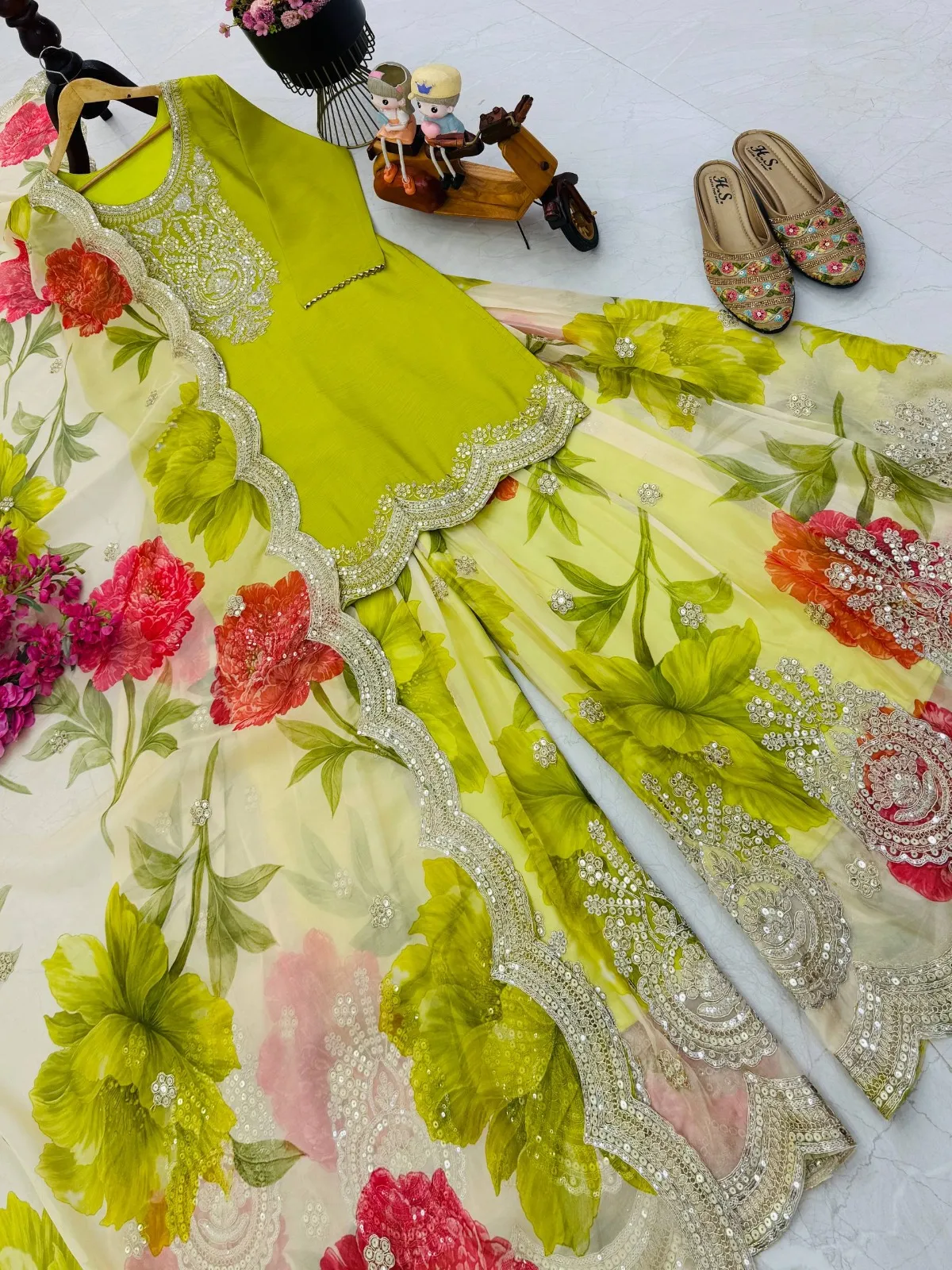 Lime Floral Salwar Plazzo Suit | Pakistani Dresses