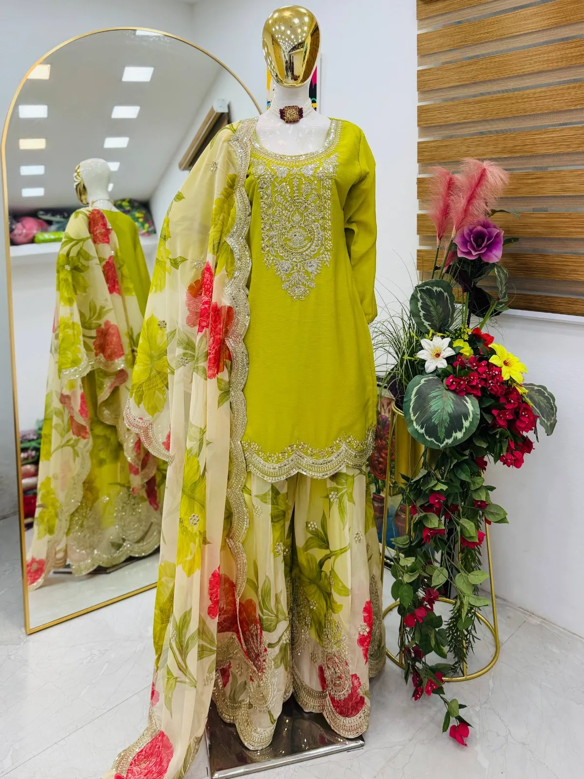 Lime Floral Salwar Plazzo Suit | Pakistani Dresses