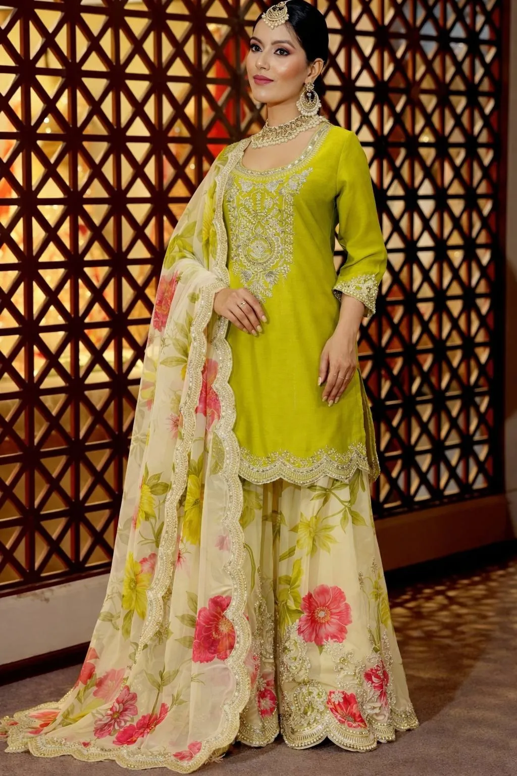 Lime Floral Salwar Plazzo Suit | Pakistani Dresses
