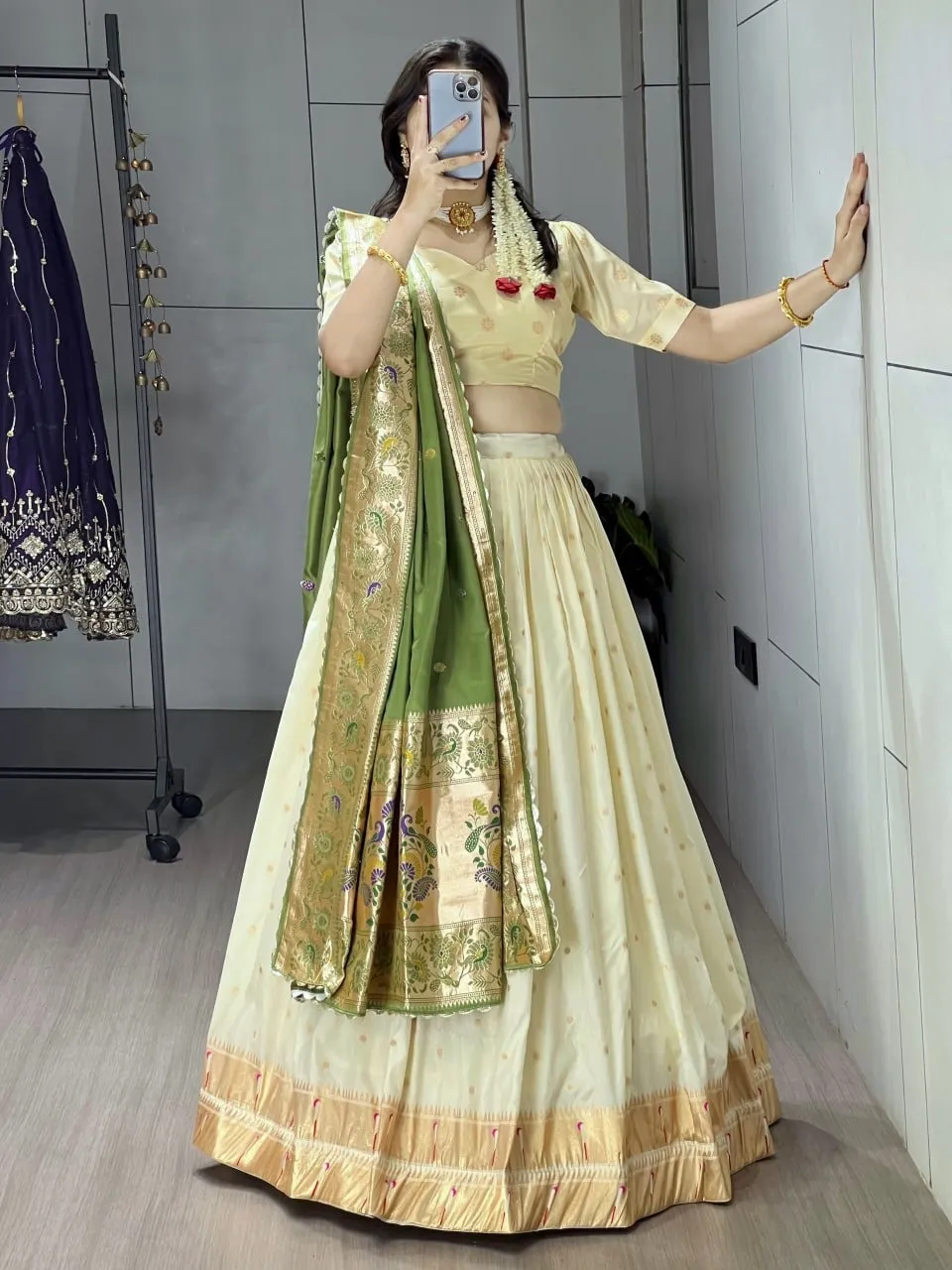 Marathi Girl Special Cream Pathani Lehenga