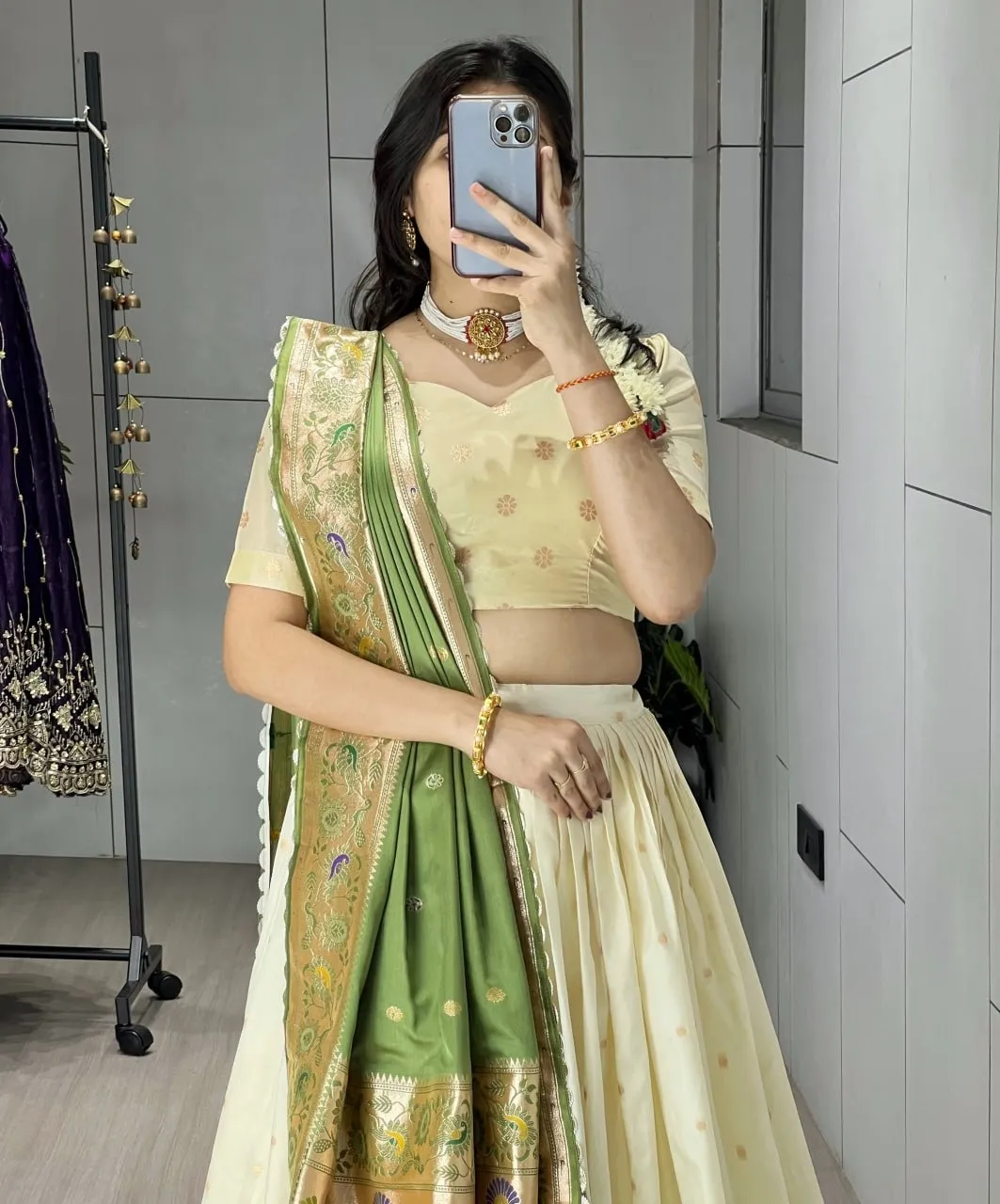 Marathi Girl Special Cream Pathani Lehenga