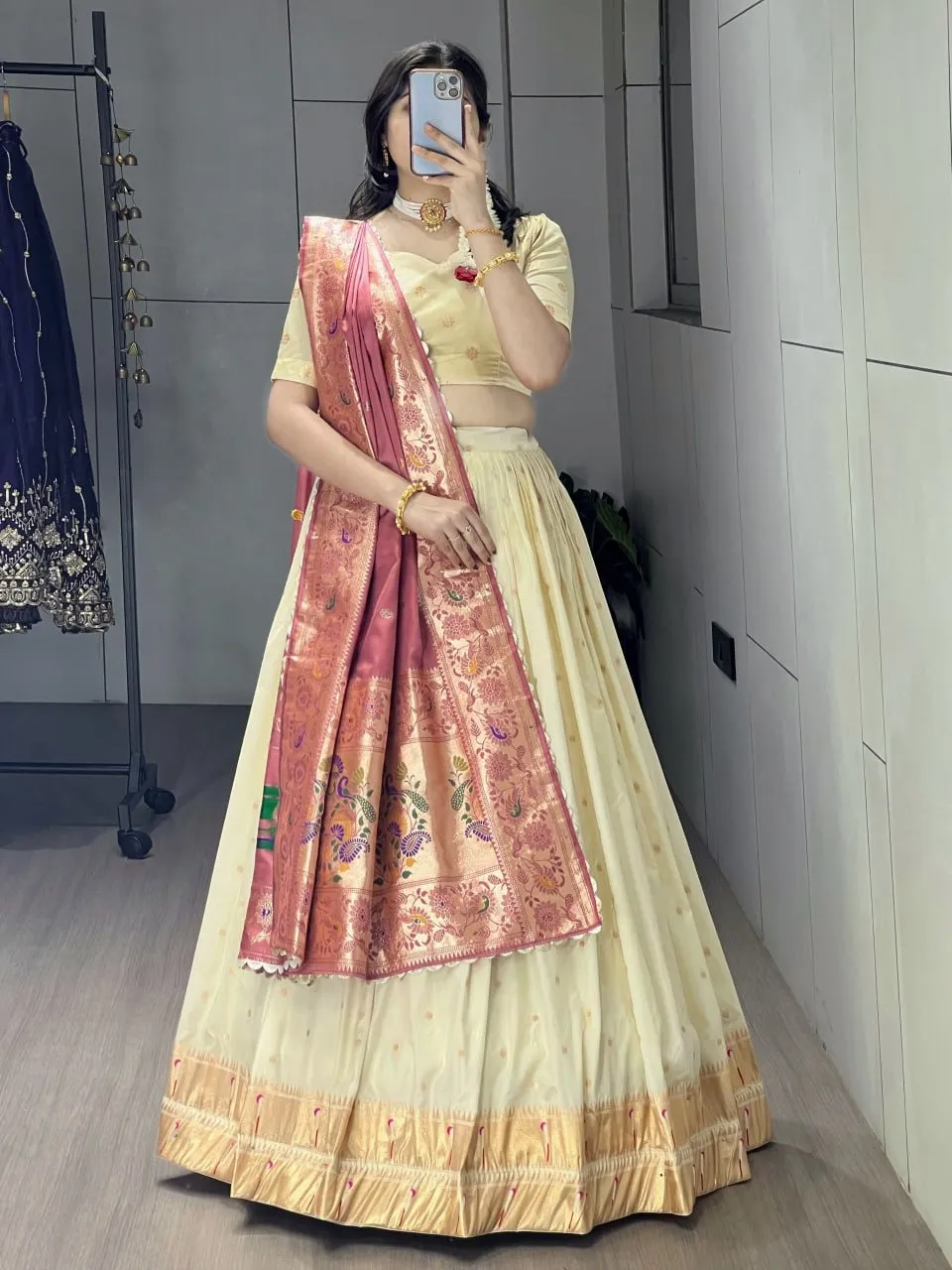 Marathi Special Cream Pathani Lehenga with Pink Dupatta