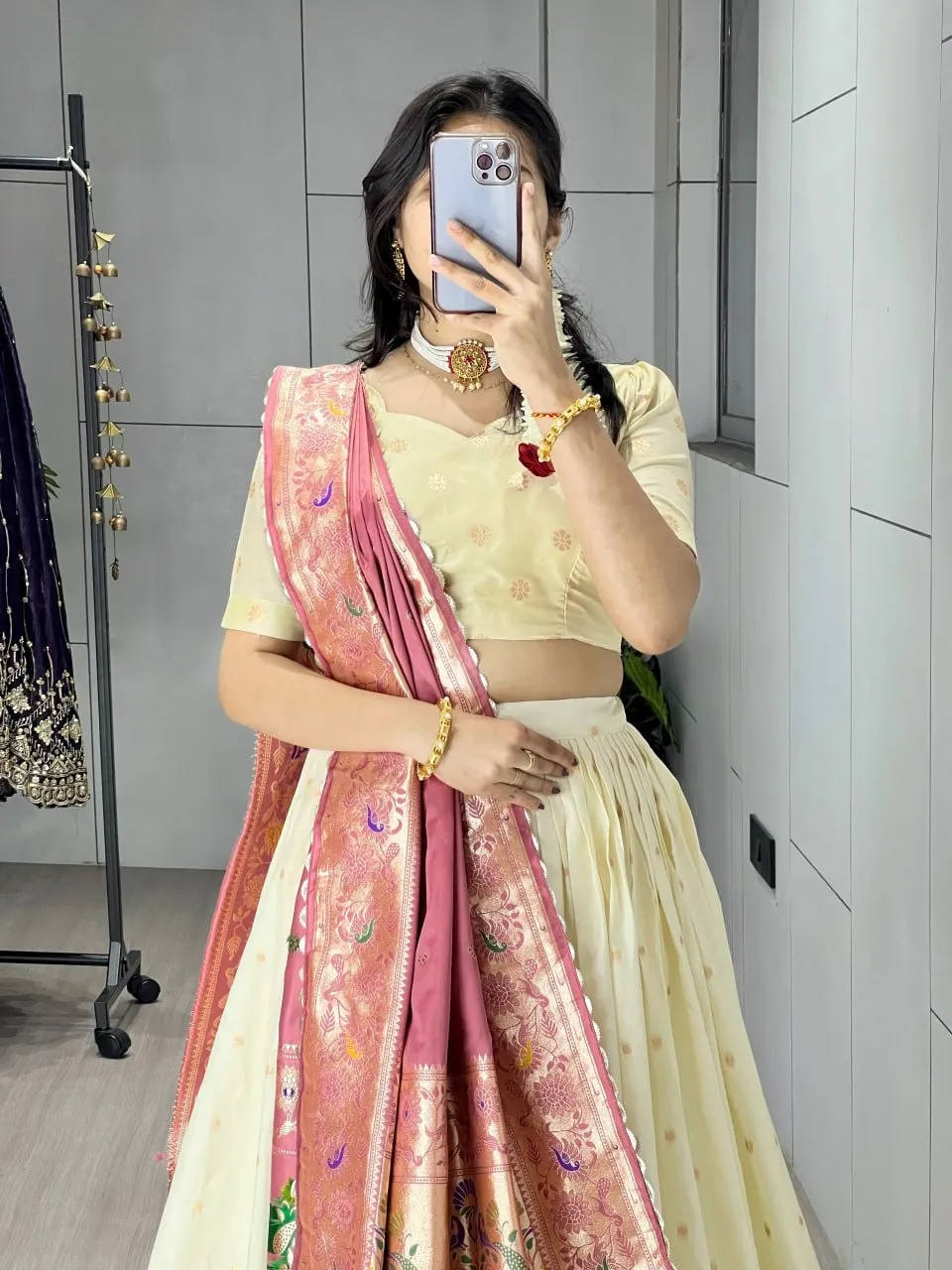 Marathi Special Cream Pathani Lehenga with Pink Dupatta