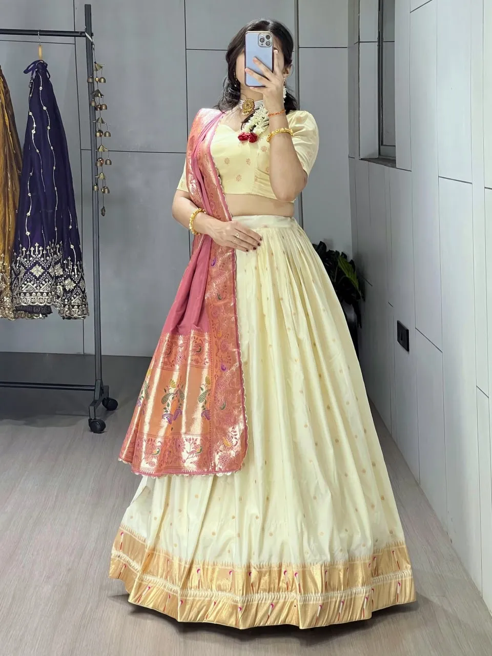 Marathi Special Cream Pathani Lehenga with Pink Dupatta