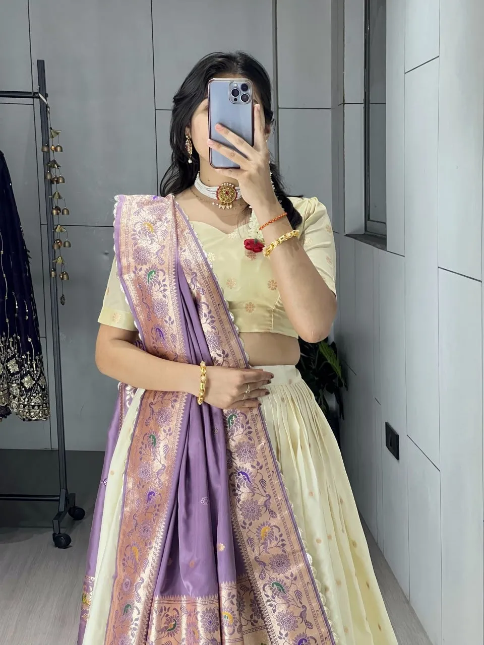 Marathi Special Cream Pathani Lehenga with Purple Dupatta