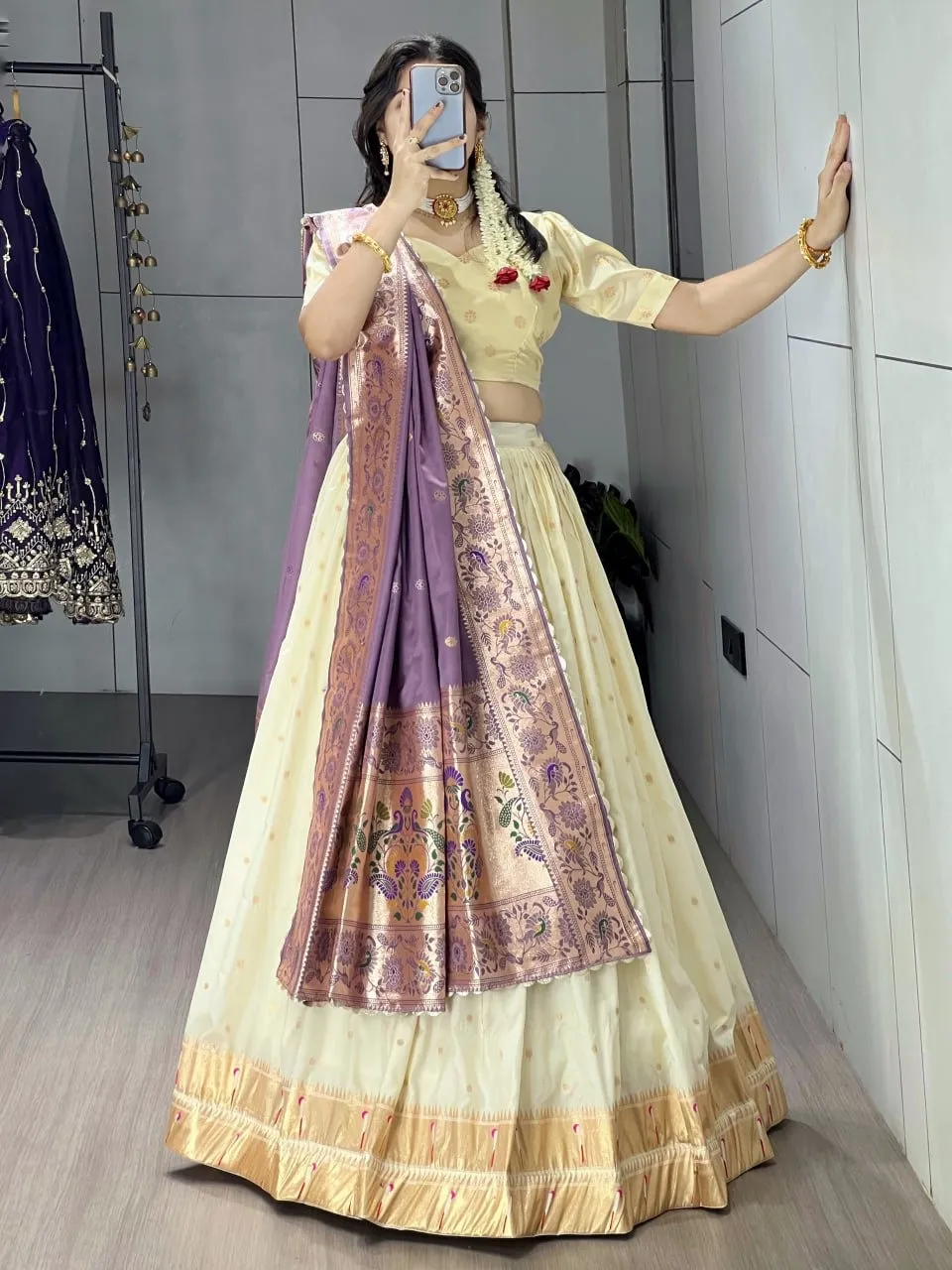 Marathi Special Cream Pathani Lehenga with Purple Dupatta