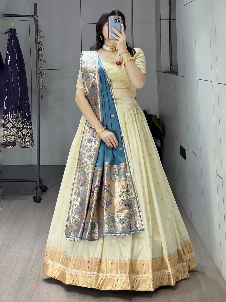 Marathi Special Cream Pathani Lehenga with Rama Dupatta