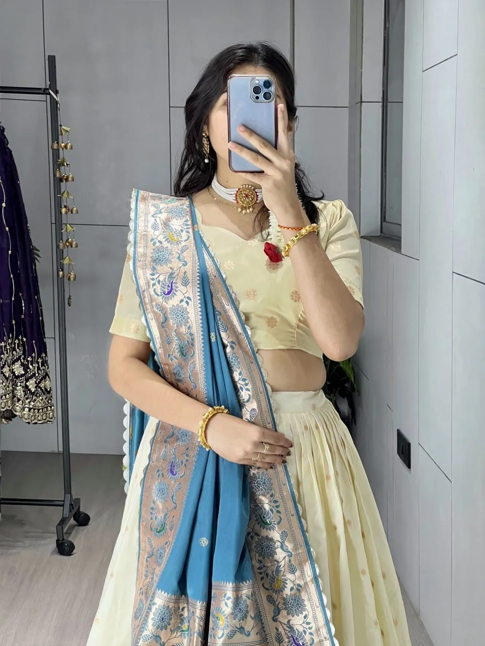Marathi Special Cream Pathani Lehenga with Rama Dupatta
