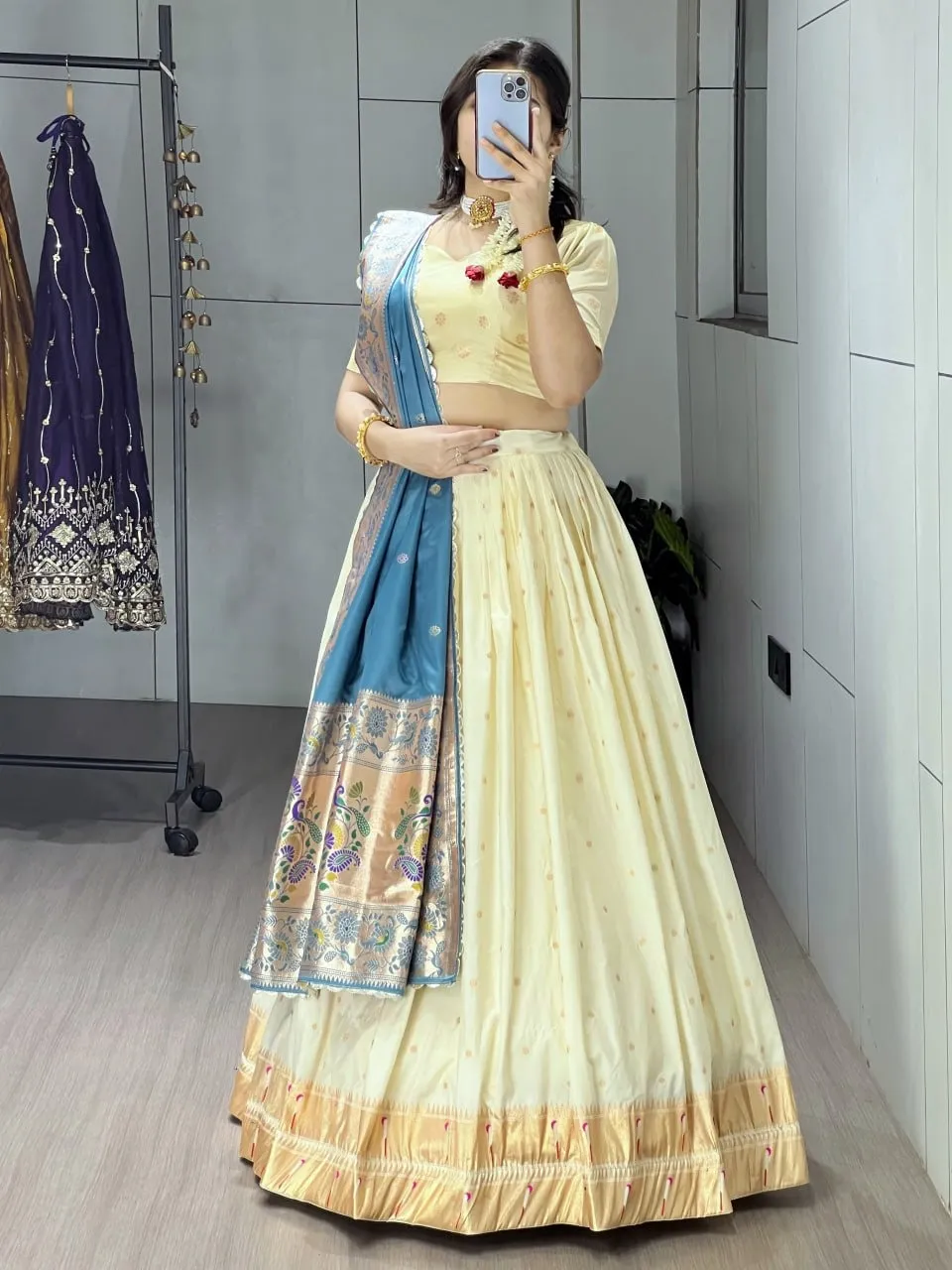 Marathi Special Cream Pathani Lehenga with Rama Dupatta
