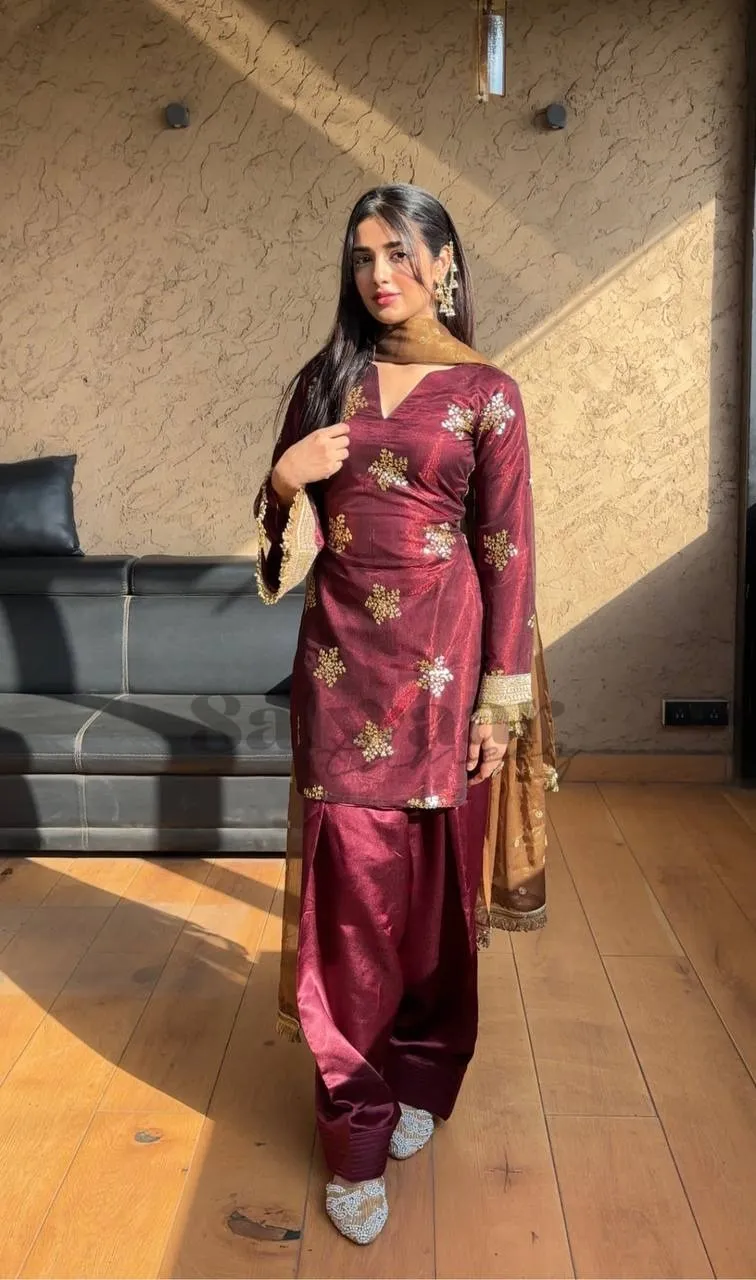 Maroon Embroidery Farsi Salwar Suit Under 1000