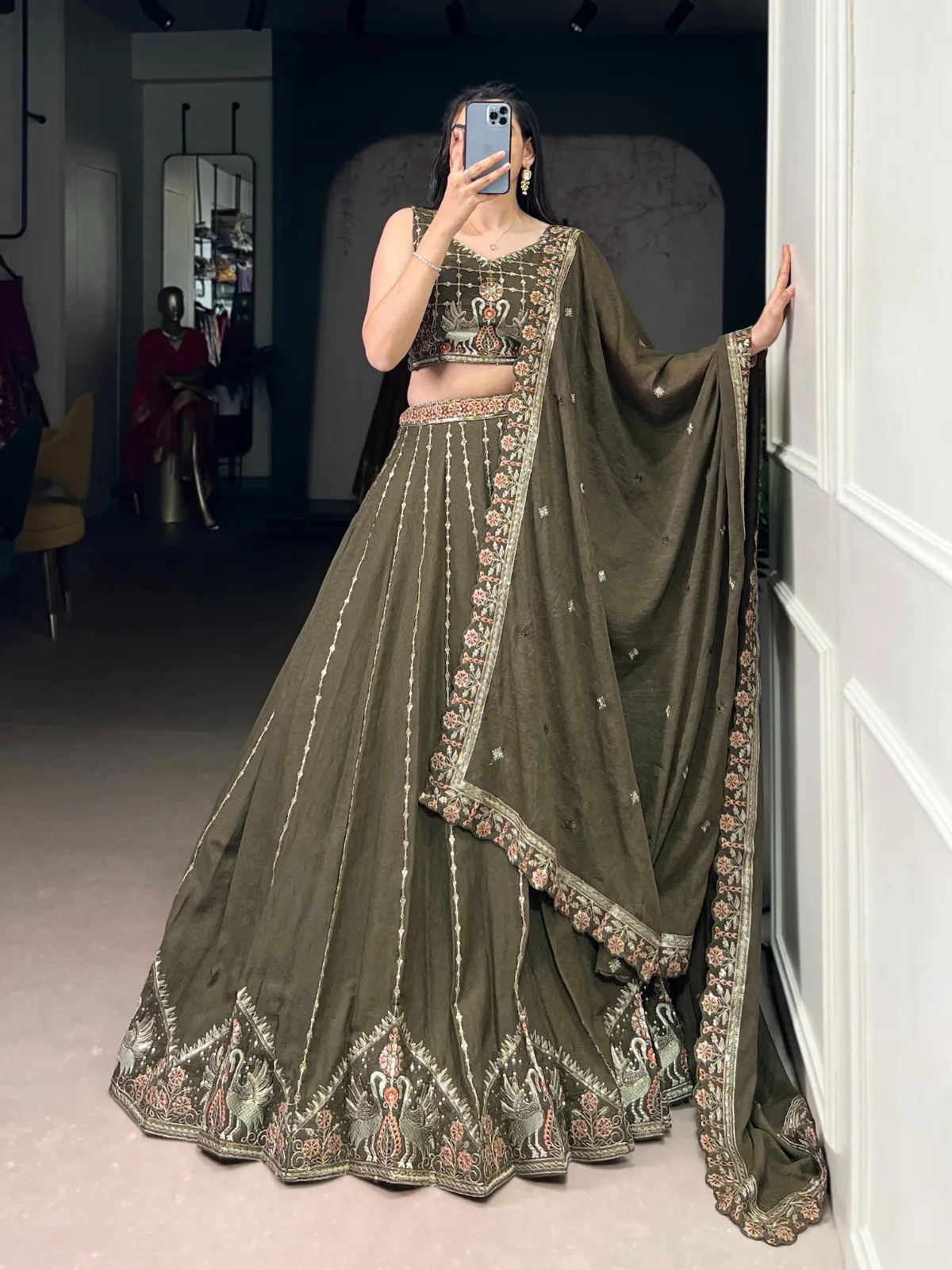 Mehendi Green Bridesmaid Embroidery Lehenga