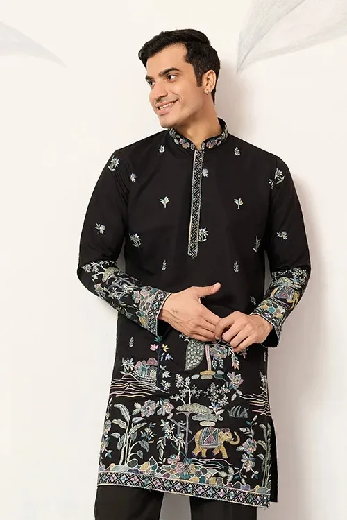 Men Black Ethnic Wedding Kurta Pajama