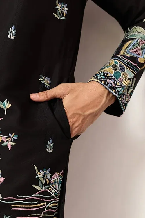Men Black Ethnic Wedding Kurta Pajama