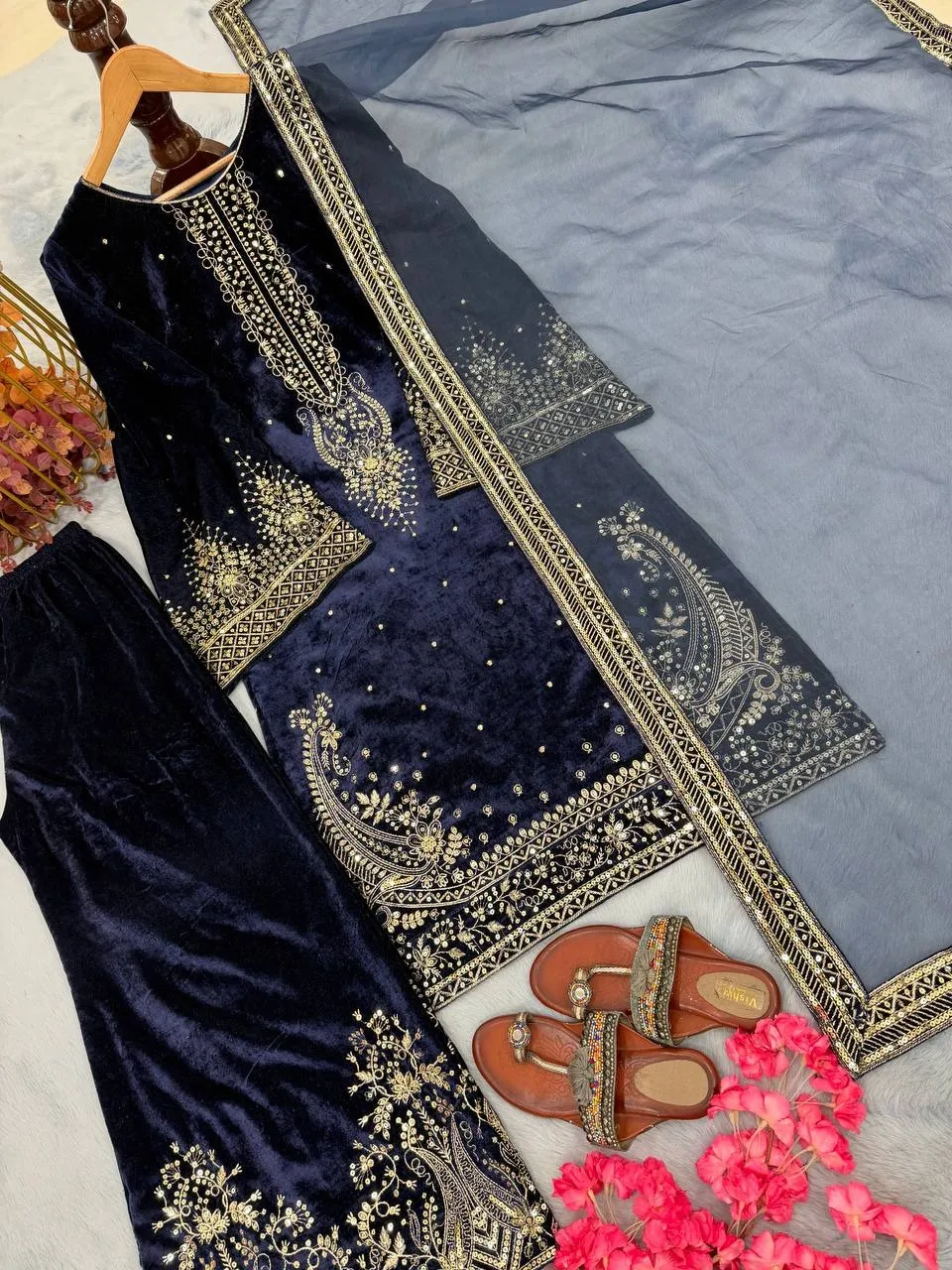 Navy Blue Embroidery Pakistani Velvet Suit