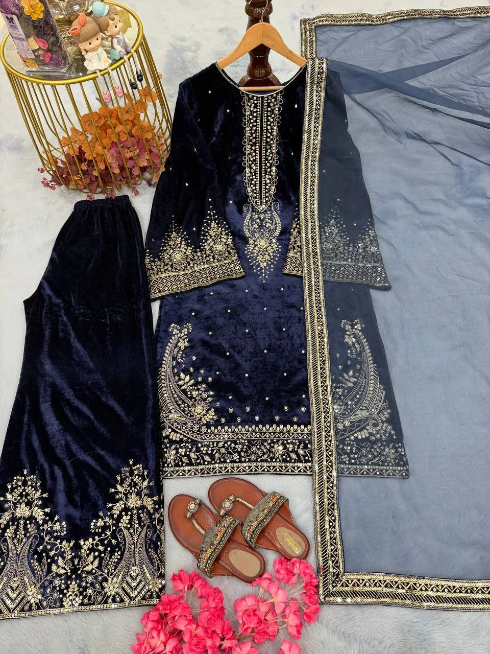 Navy Blue Embroidery Pakistani Velvet Suit
