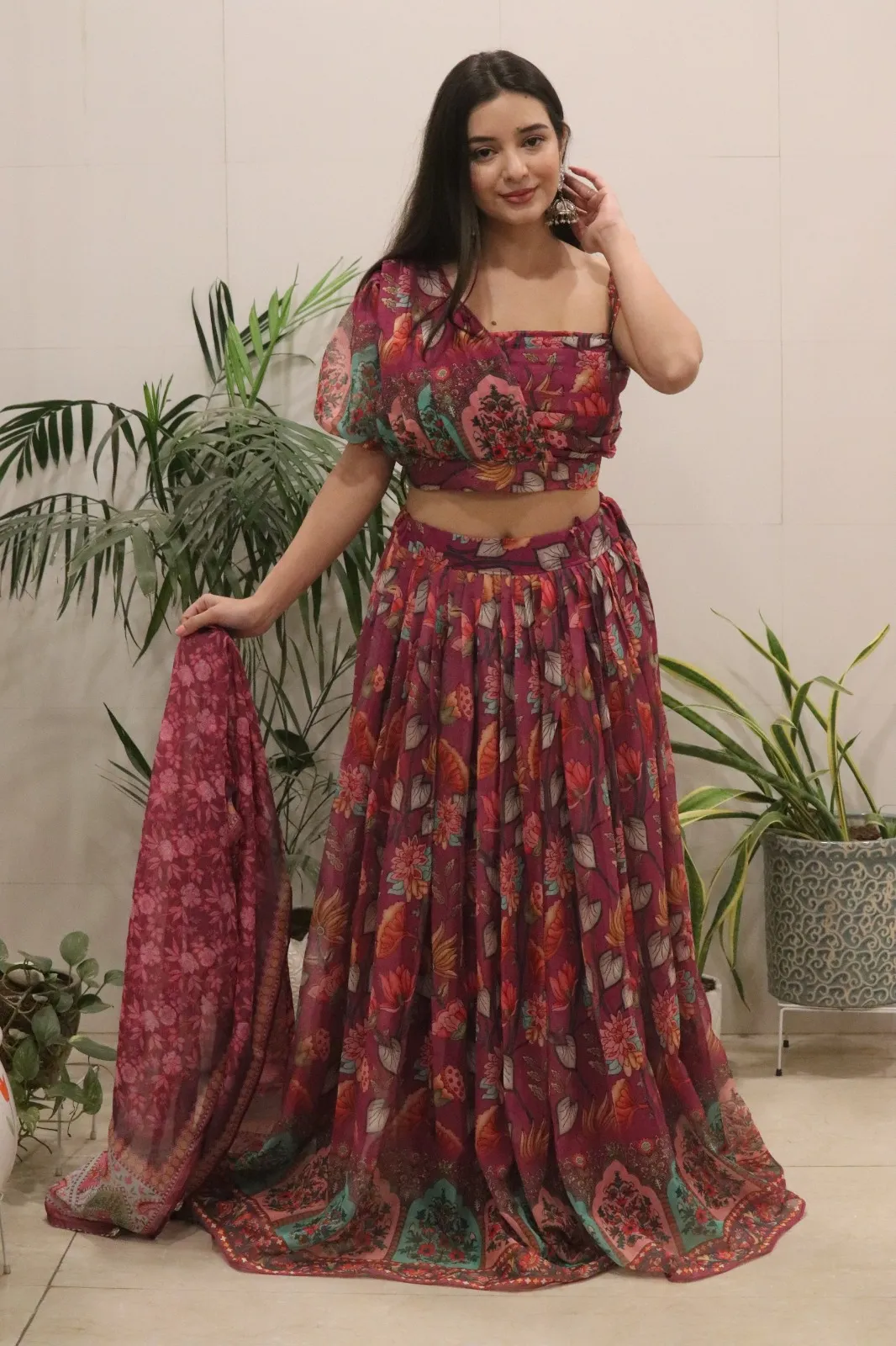 One Shoulder Ethnic Printed Lehenga - Readymade
