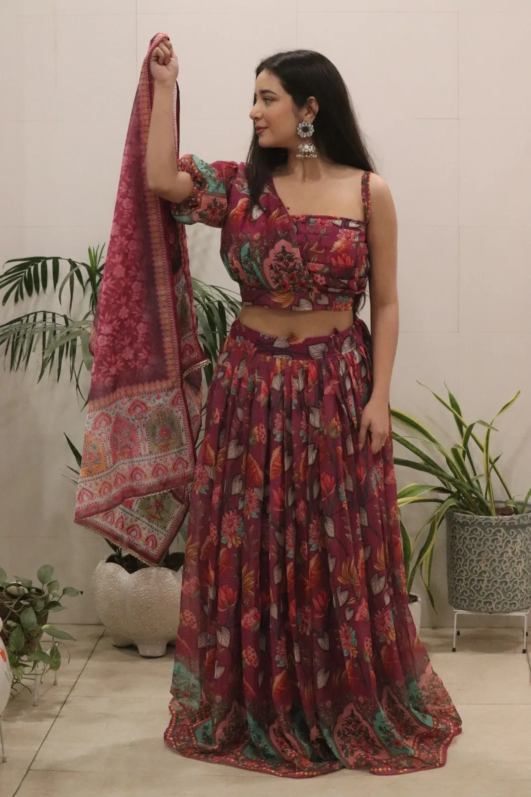 One Shoulder Ethnic Printed Lehenga - Readymade