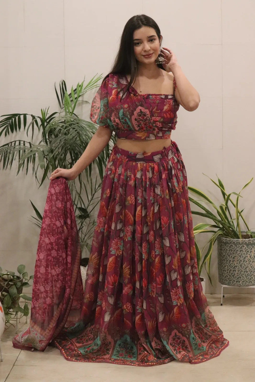 One Shoulder Ethnic Printed Lehenga - Readymade