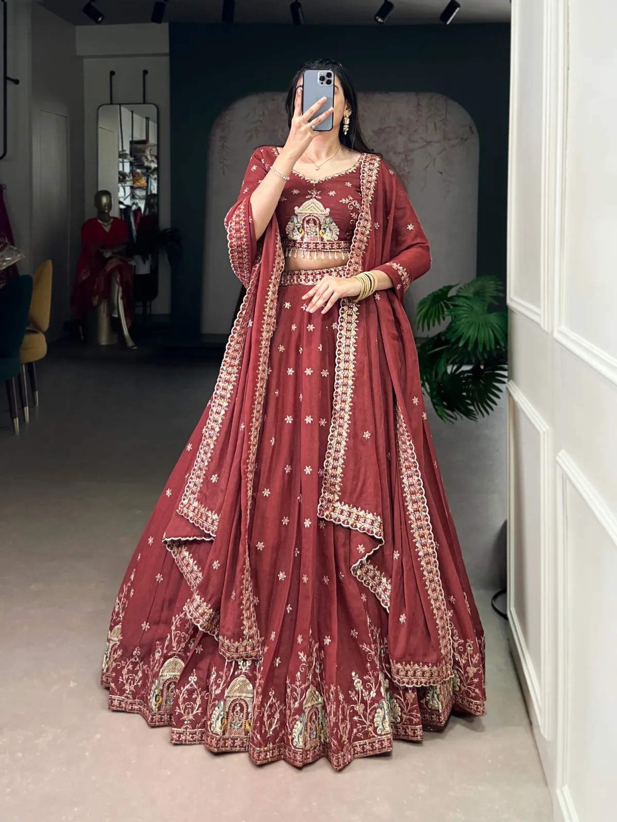 Orange Peacock Embroidery Bridesmaid Lehenga