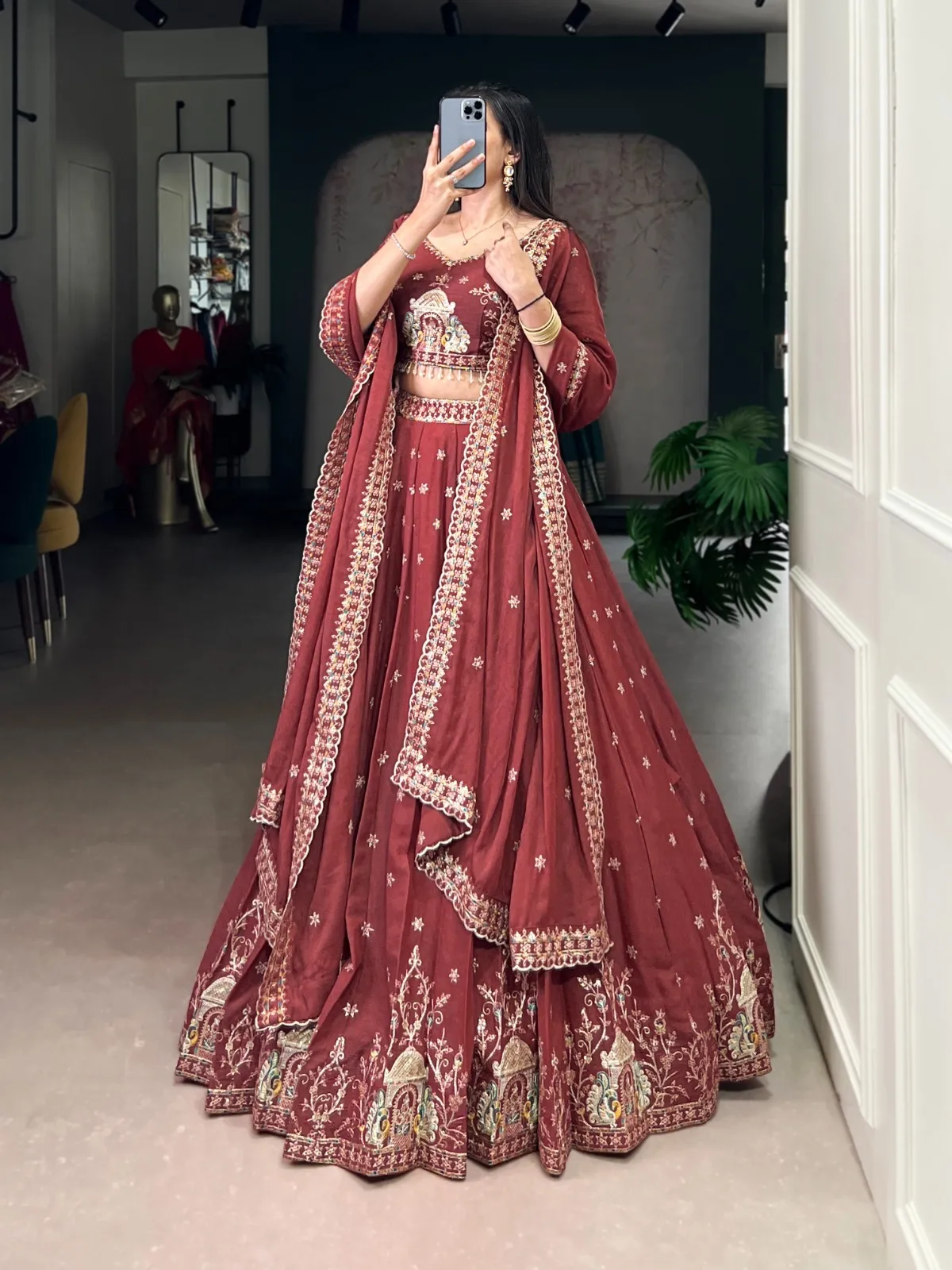 Orange Peacock Embroidery Bridesmaid Lehenga