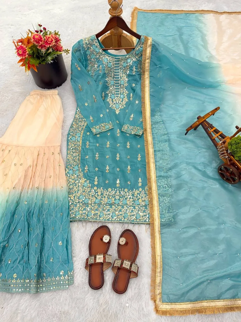 Padded Sky-blue Pakistani Style Sharara