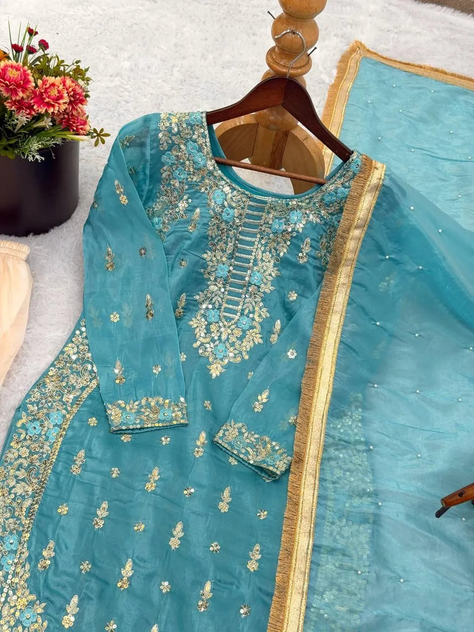 Padded Sky-blue Pakistani Style Sharara