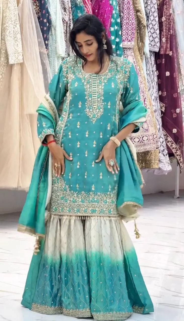 Padded Sky-blue Pakistani Style Sharara
