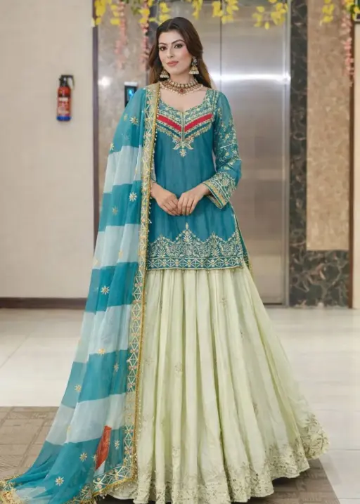 Pakistani Style Sky Blue Skirt Suit