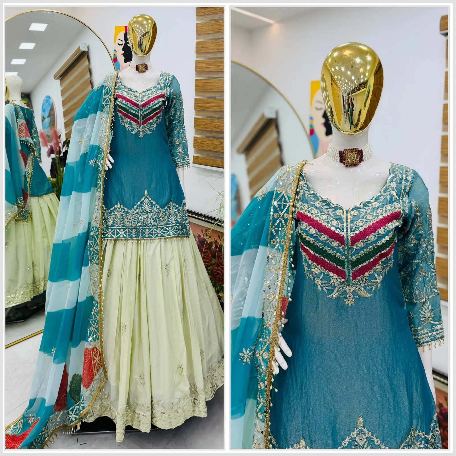 Pakistani Style Sky Blue Skirt Suit