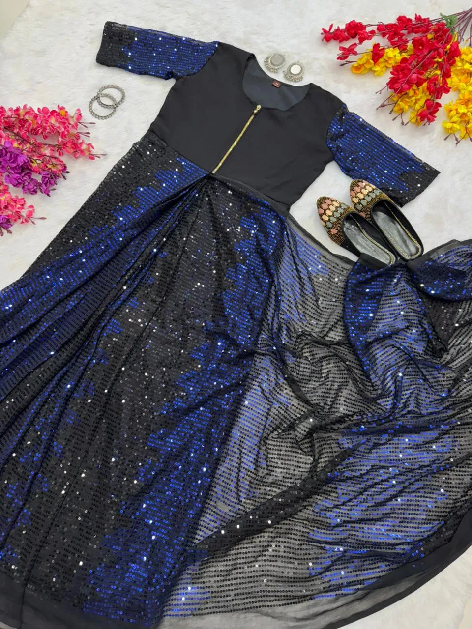 Party Zip and Go Saree with Blue Sequence work