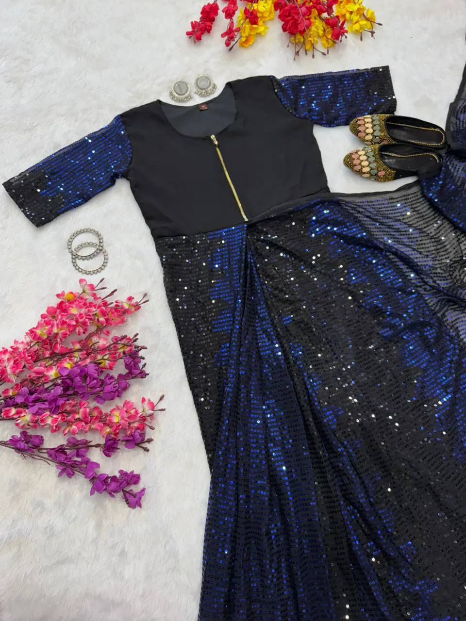 Party Zip and Go Saree with Blue Sequence work