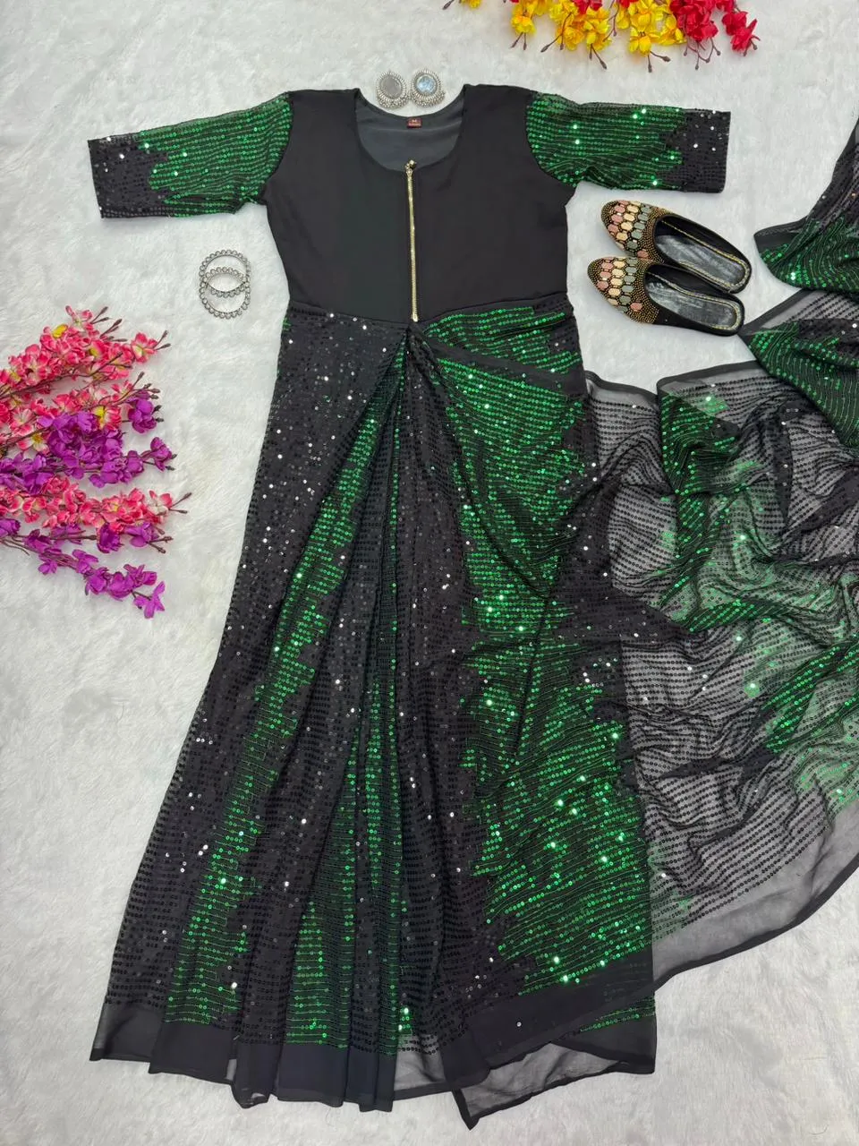 Party Zip and Go Saree with Green Sequence work