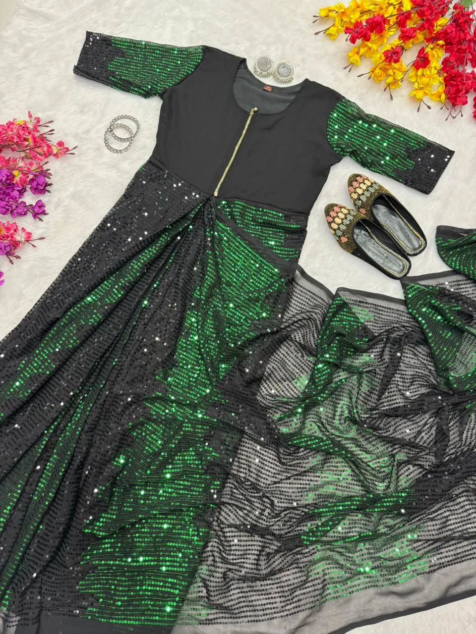 Party Zip and Go Saree with Green Sequence work