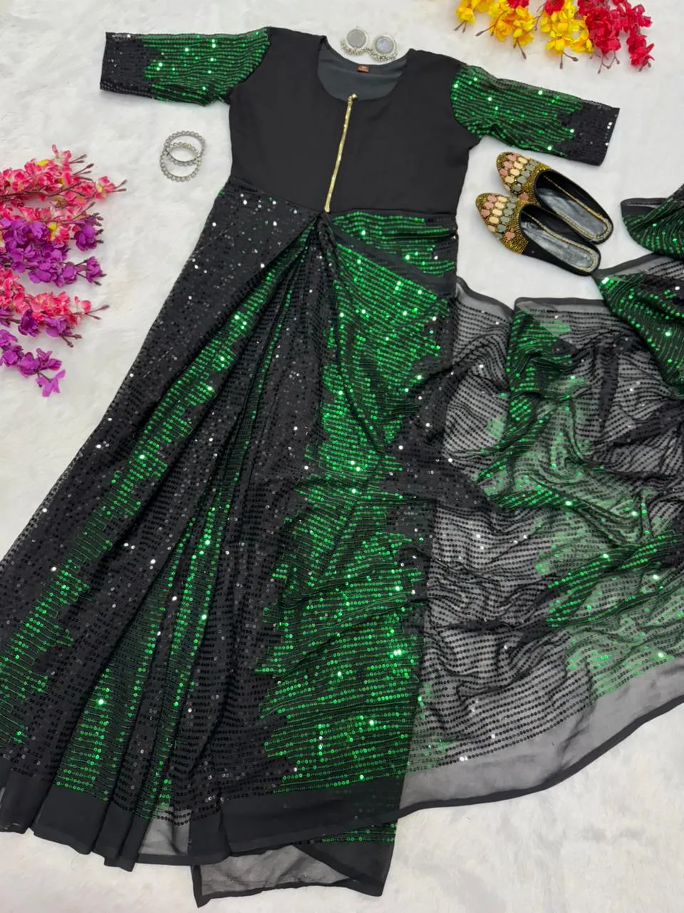 Party Zip and Go Saree with Green Sequence work