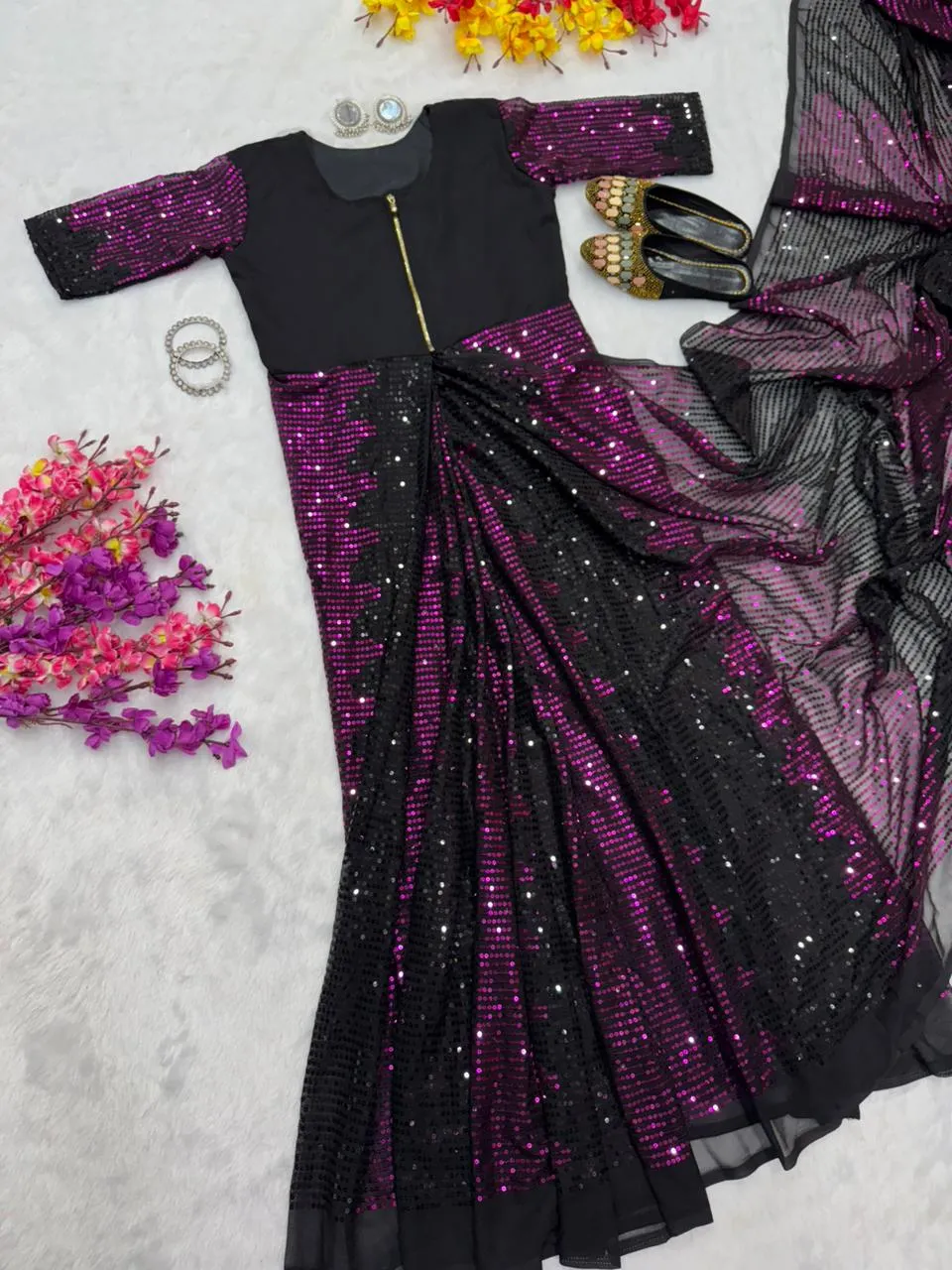 Party Zip and Go Saree with Purple Sequence work