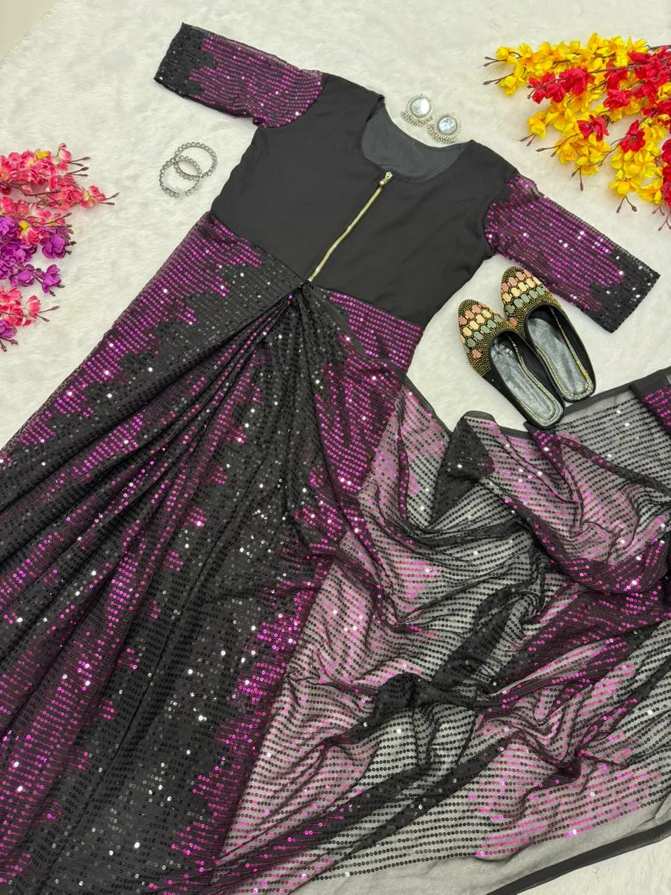 Party Zip and Go Saree with Purple Sequence work
