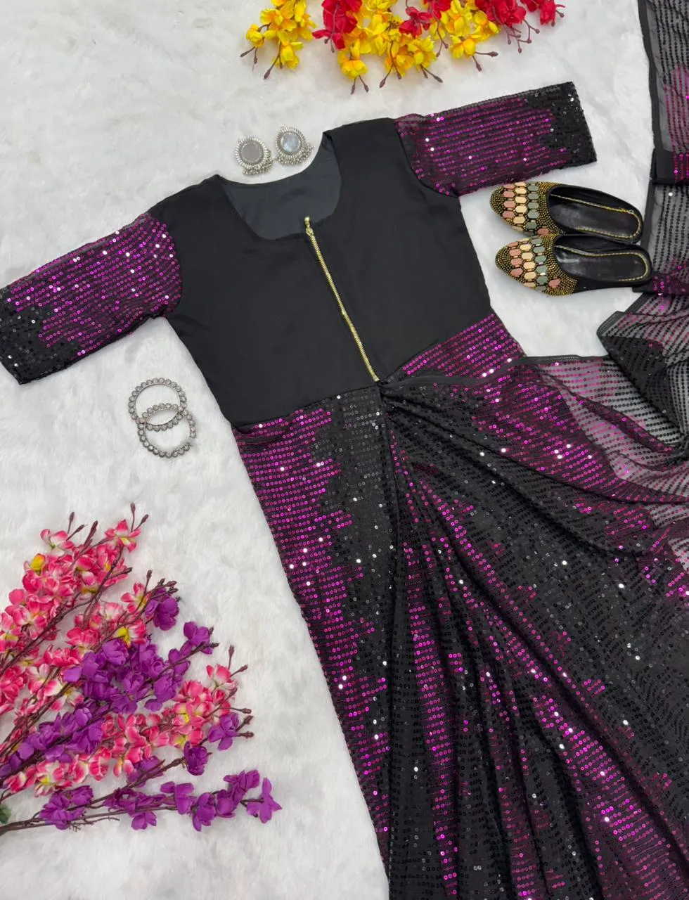 Party Zip and Go Saree with Purple Sequence work