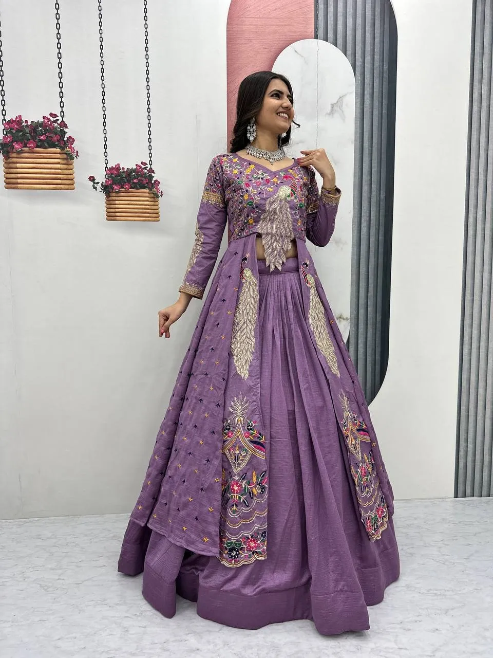 Pastel Color Stylish Long Blouse Lehenga Set