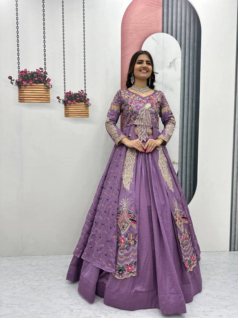 Pastel Color Stylish Long Blouse Lehenga Set