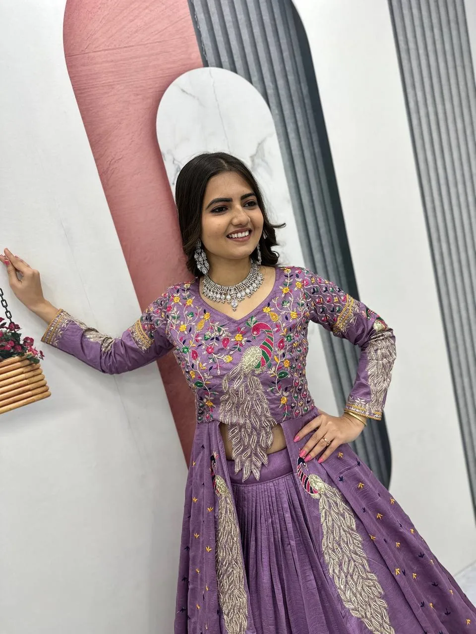 Pastel Color Stylish Long Blouse Lehenga Set