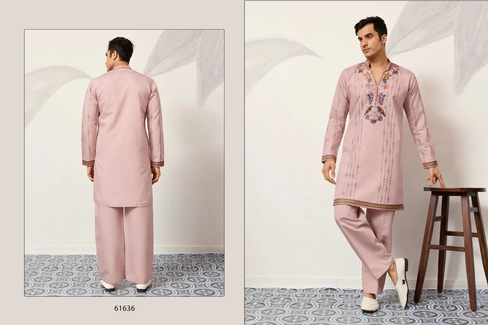 Pastel Color Stylish Mens Embroidery Kurta Set