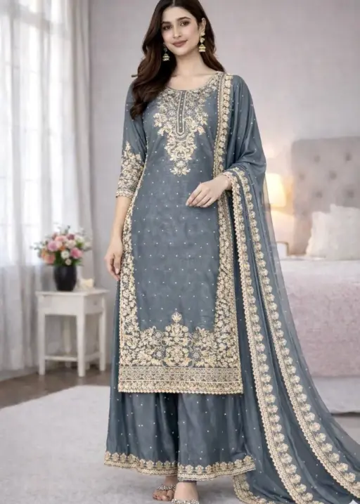 Pastel Gray Pakistani Plazzo set