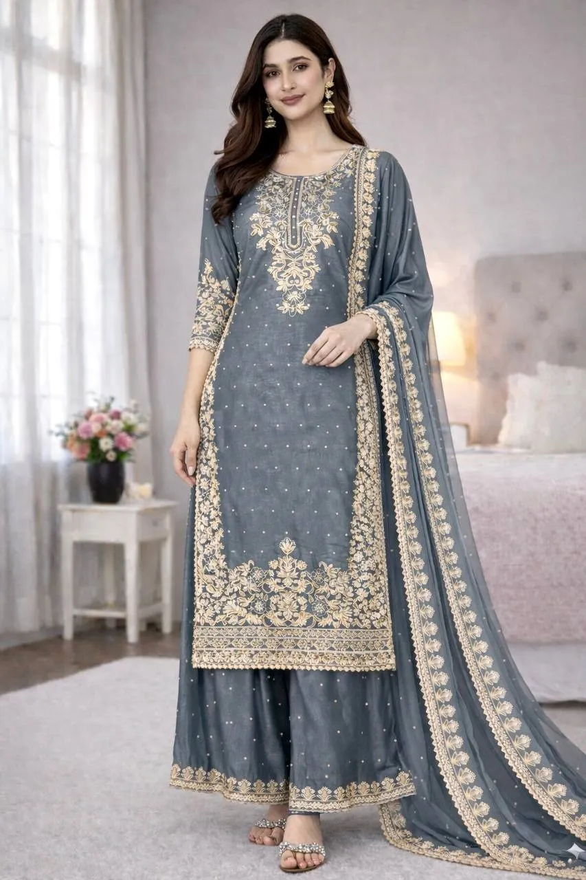 Pastel Gray Pakistani Plazzo set