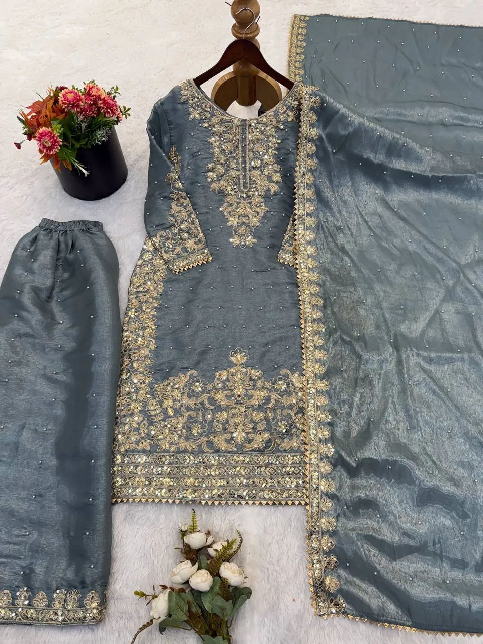 Pastel Gray Pakistani Plazzo set