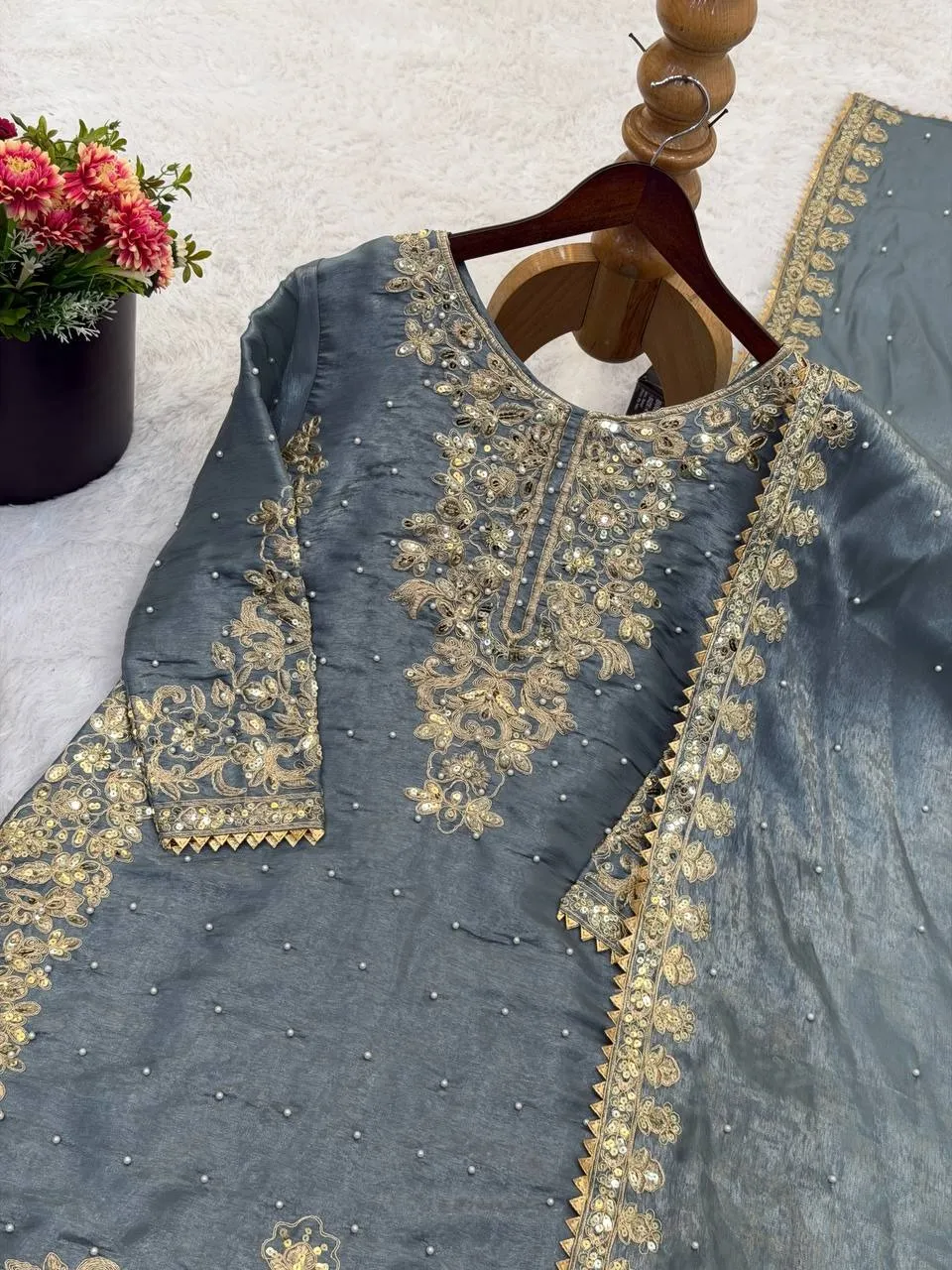 Pastel Gray Pakistani Plazzo set