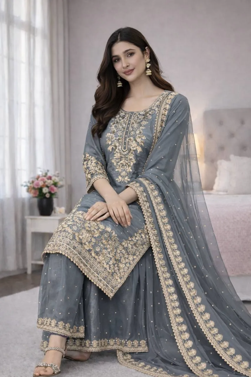 Pastel Gray Pakistani Plazzo set
